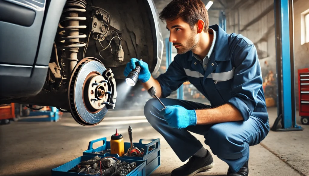 Mechanic inspecting brake lines and hoses for leaks.