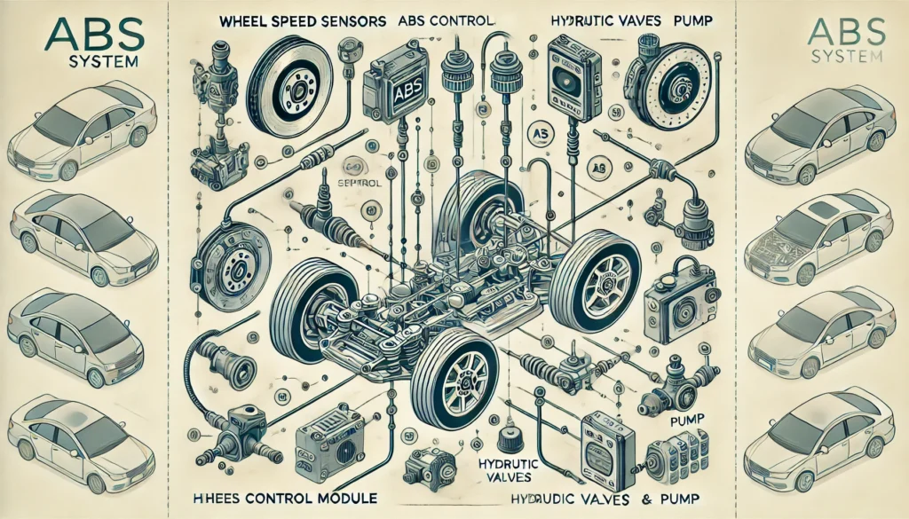 Diagram of ABS system components and their functions.