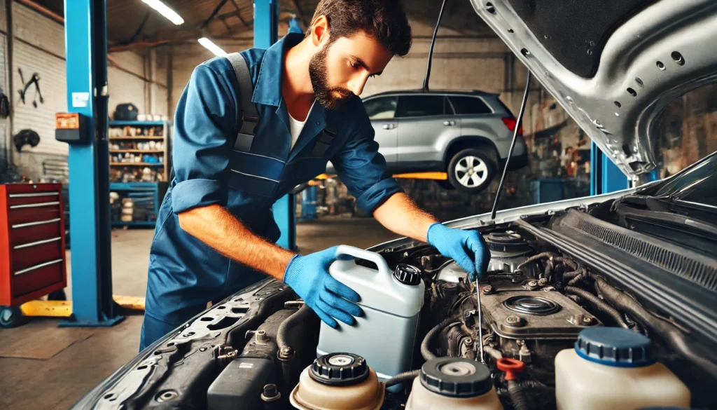 Mechanic inspecting the brake fluid level on a vehicle's brake fluid reservoir.