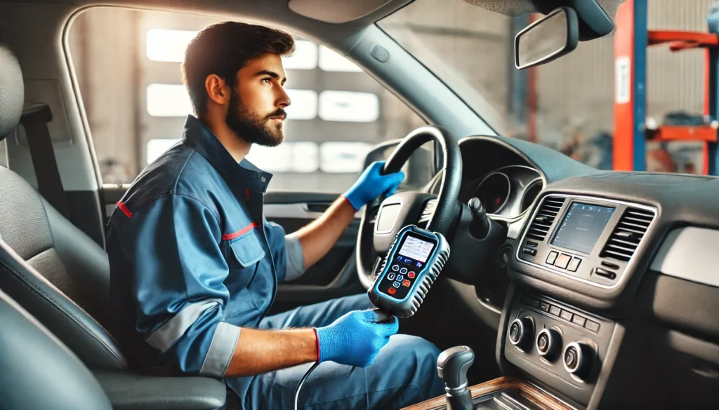 Mechanic using a diagnostic tool to check for ABS system faults.