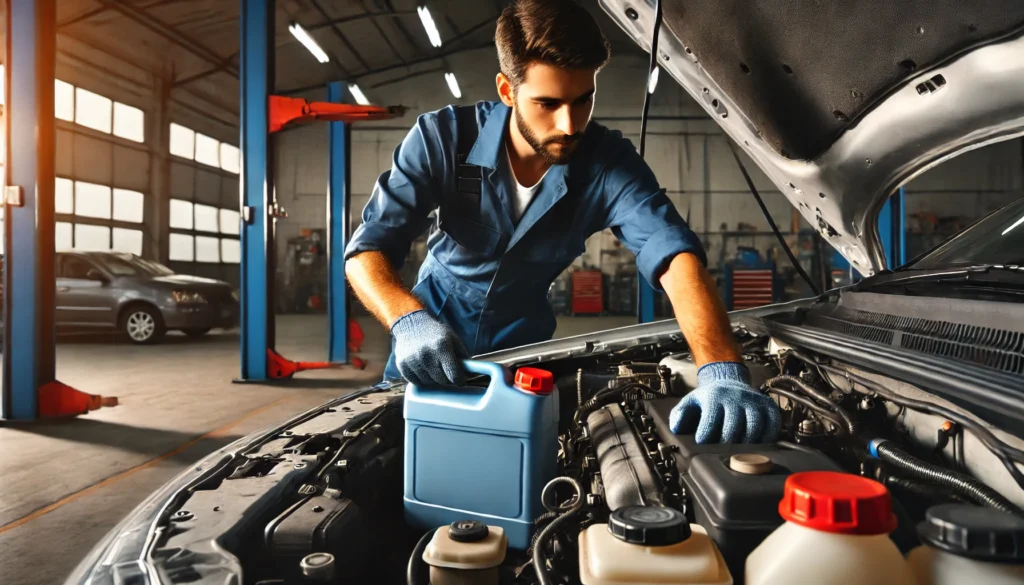 Mechanic checking the brake fluid level in a vehicle.