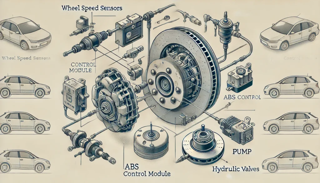 Diagram of ABS system components and their functions.