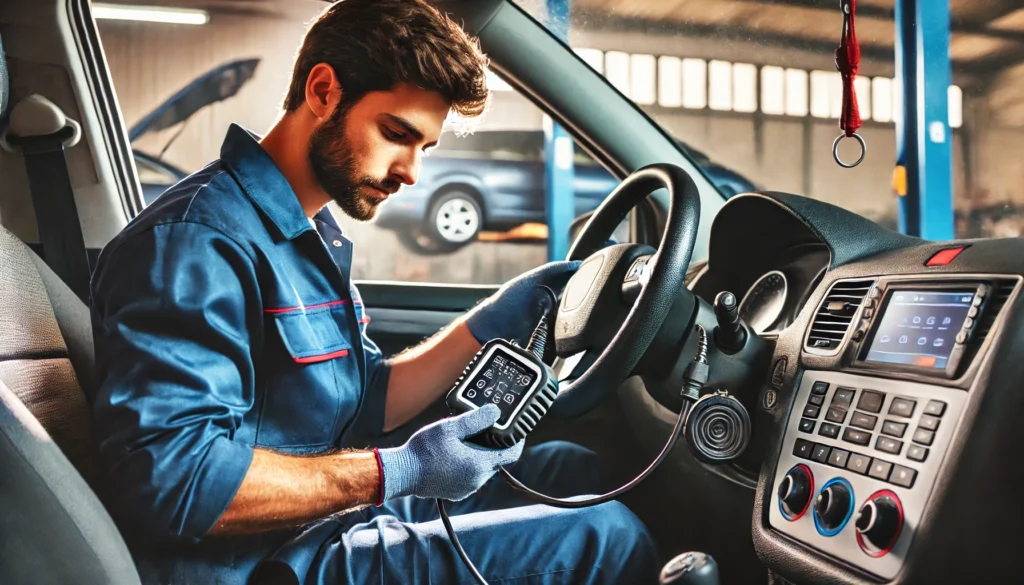 Mechanic using a diagnostic tool to check for ABS system faults.