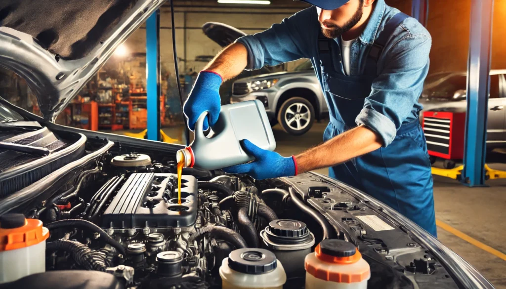 Mechanic adding brake fluid to a car.