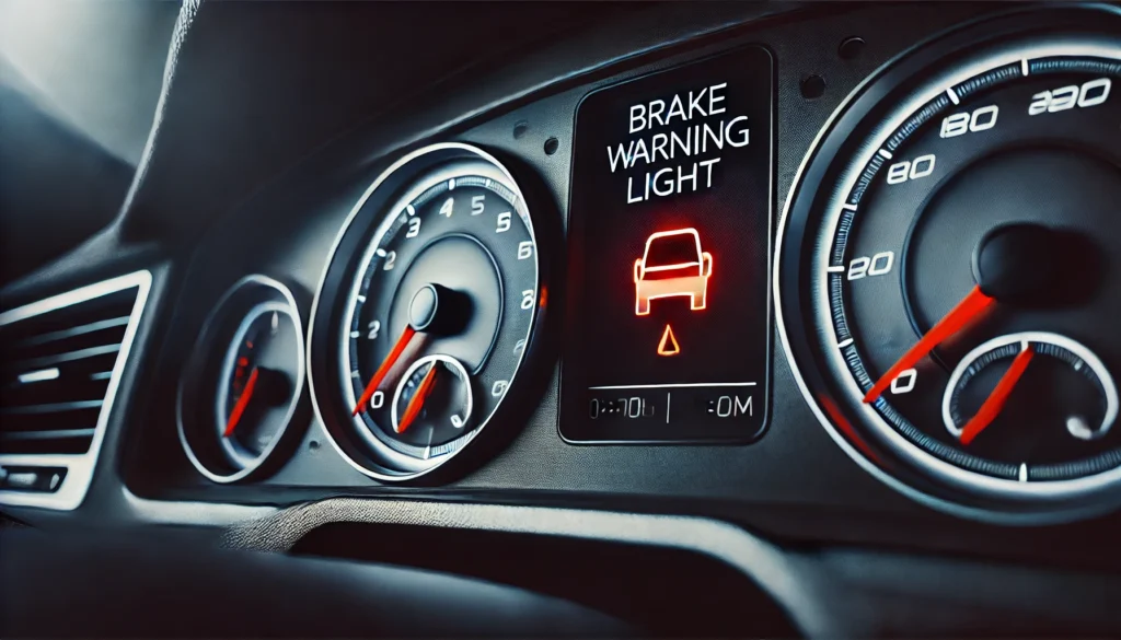 Car dashboard showing the brake warning light.