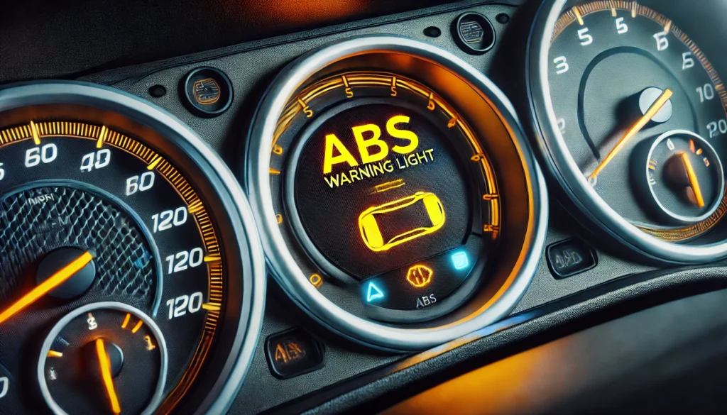 Car dashboard showing the ABS warning light.