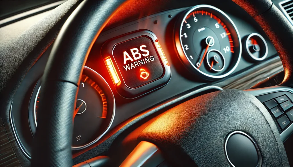 A close-up image of an illuminated ABS warning light on a car dashboard.