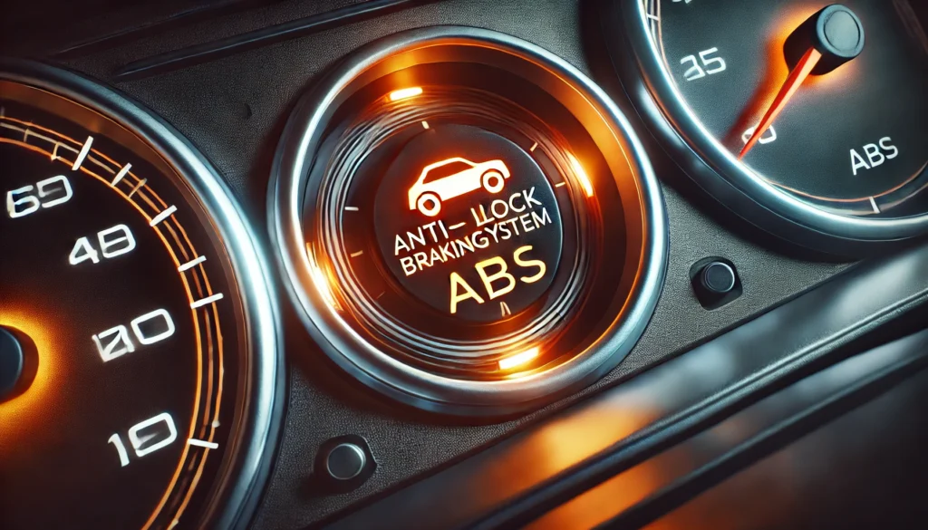 Close-up of an illuminated anti-lock braking system warning light on a car dashboard.