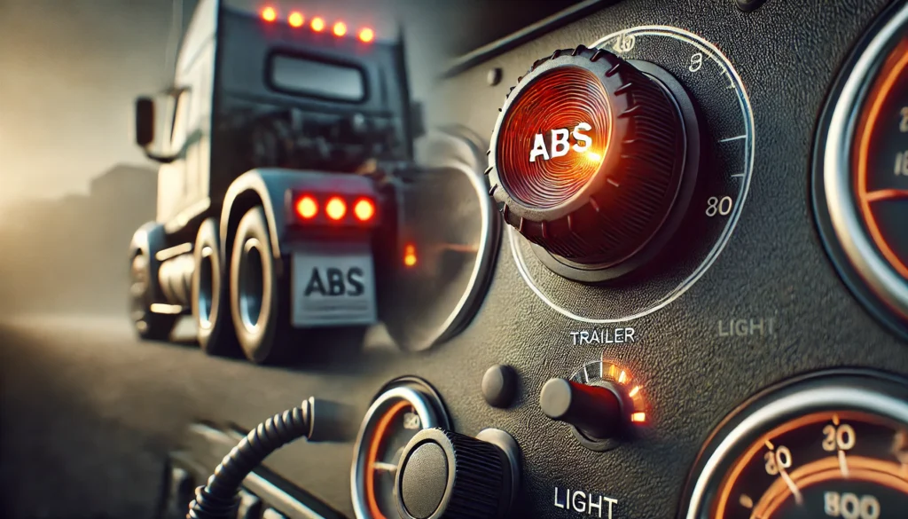 Close-up of an illuminated ABS light on a trailer's dashboard connection.