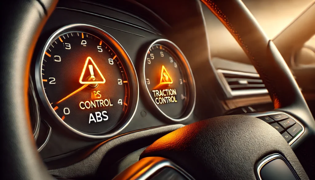 Close-up of a car dashboard with illuminated ABS and traction control warning lights.