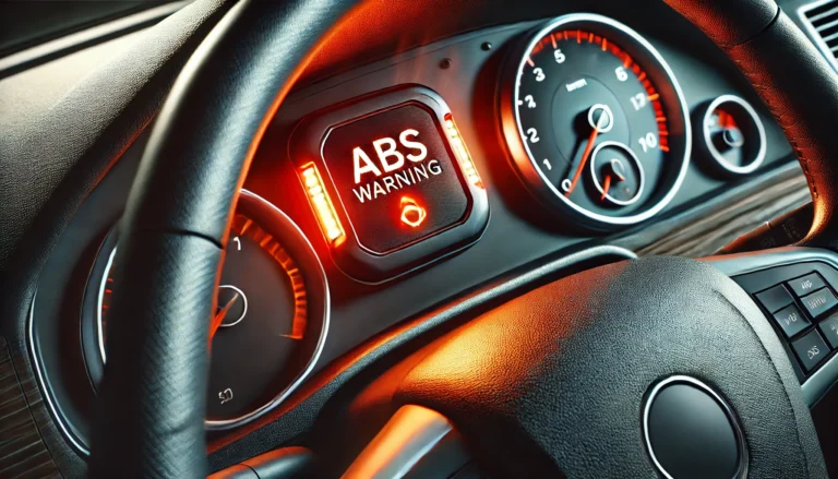 A close-up image of an illuminated ABS warning light on a car dashboard.