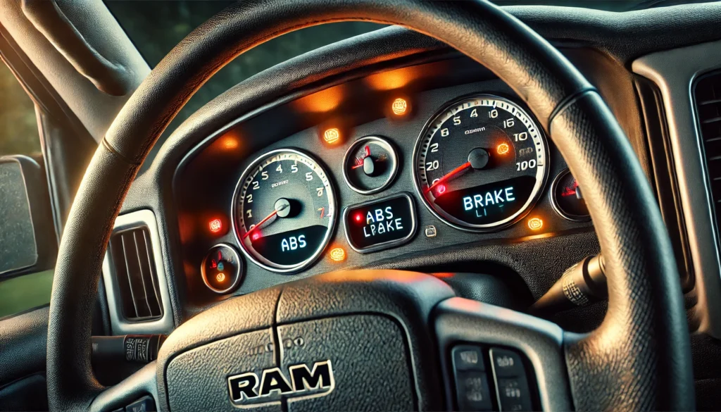 Dashboard of a 2000 Dodge Ram with the ABS and brake lights illuminated.