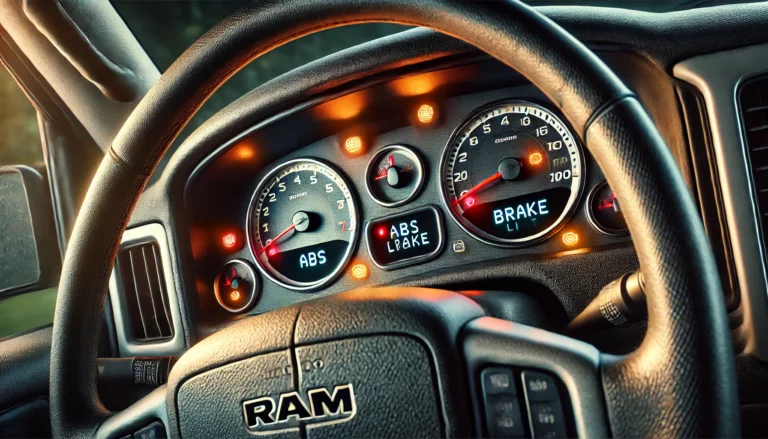 Dashboard of a 2000 Dodge Ram with the ABS and brake lights illuminated.